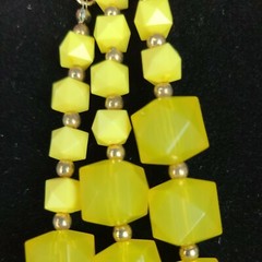 Yellow Faceted Square Beads 3 Strand Necklace with Matching Pierced Earrings