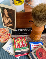 Vntg. Junk Drawer Lot Cigar Box Bakelite Brush,Flask,Pep Boy’s Matches Spoons —