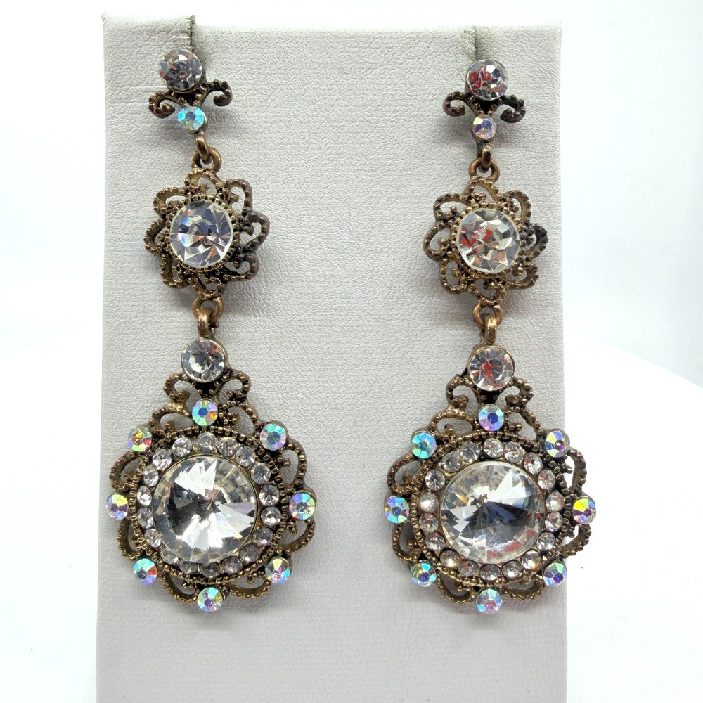 Vintage Gold Tone Filigree Dangle Earrings with AB Crystal Chandelier