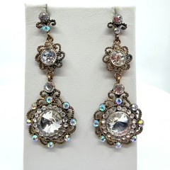 Vintage Gold Tone Filigree Dangle Earrings with AB Crystal Chandelier