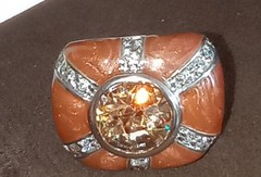 Ring 18kt gold plate, bezel set amber glass and cz ring, size 6