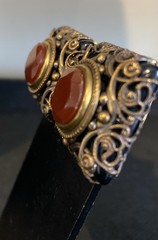 Vtg PATRICE Brass Carnelian Onyx Double Strand Bead Pendant Necklace Earring Set
