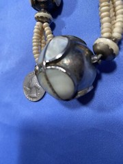 Vintage Bead Ethnic Boho Silver tone Bone / metal/ mother of pearl Necklace