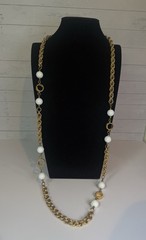 Vintage Gold Tone Chain Necklace White Bead Station Necklace 20.5”