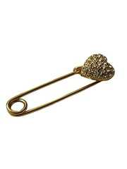 Puffy 3D Heart Rhinestone Gold Tone Saftey Pin Brooch Vintage Clip Fastener