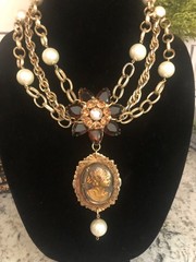 Vintage Juliana Rhinestone & Cameo Statement Necklace-Repurposed & One of a Kind
