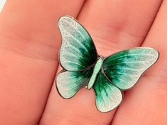 Vintage Sterling Silver Guilloche Enamel Teal Green Blue Butterfly Pin 2g 21mm