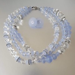 MCM VTG Choker Necklace & Earring Set Frosted Blue Multi-layer Chunky Statement
