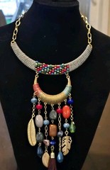 VTG 18″ Boho Necklace Statement Tribal Design Multicolor Beads Feather Tassel