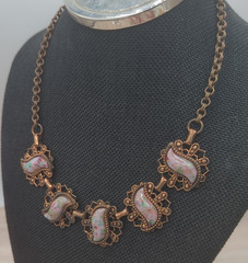 Copper Bib Necklace Turquoise Tone Lucite Cabochon Sparkle Glitter Vintage