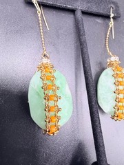 Artisan Green Orange Beaded Dangle Earrings Gold Tone Faceted Drops