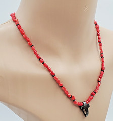 VTG 925 Red Coral Bead 17in Necklace Sterling Silver 15gtw Puffed Open Cross