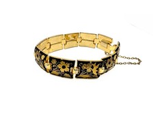 Vintage Damascene Link Bracelet Black Gold Floral Inlay Spain With Safety Chain