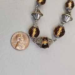 Vintage Glass Beaded Necklace Yellow Brown Faceted Silver Tone Caps 44″
