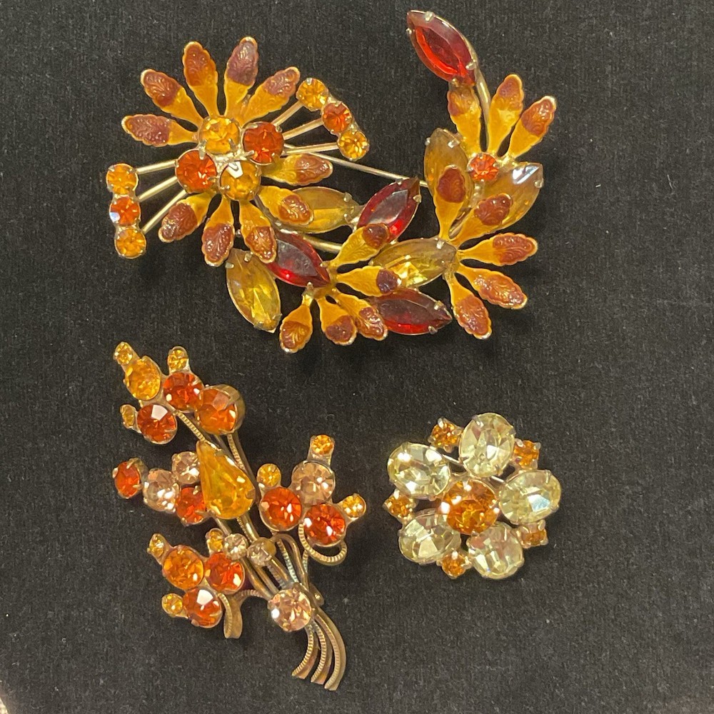 Lot Of 3 Vintage Brooch Pins All Prong Set Rhinestones 1 Signed Austria Flowers