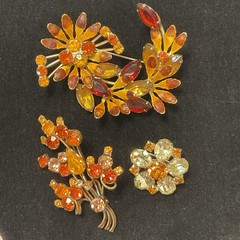 Lot Of 3 Vintage Brooch Pins All Prong Set Rhinestones 1 Signed Austria Flowers