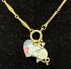 Over the Rainbow Bluebirds Fly: Vtg Gold Plated Chain Necklace, Bird, Confetti +
