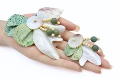 Vintage 80’s Summer Shell Wood Cord Leather Beach Necklace Brooch Earrings Set