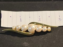 Vintage Monet Swirl Bar Brooch Seven Faux Pearls Graduated Gold Tone Polished