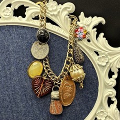 Vintage Brassy Bronzy Bracelet & Charms of Mixed Metals: Heart, Angel Wing, OOAK