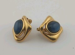 Vintage YSL Yves Saint Laurent Gold Tone Blue Cabochon Pierced Clip Earrings…