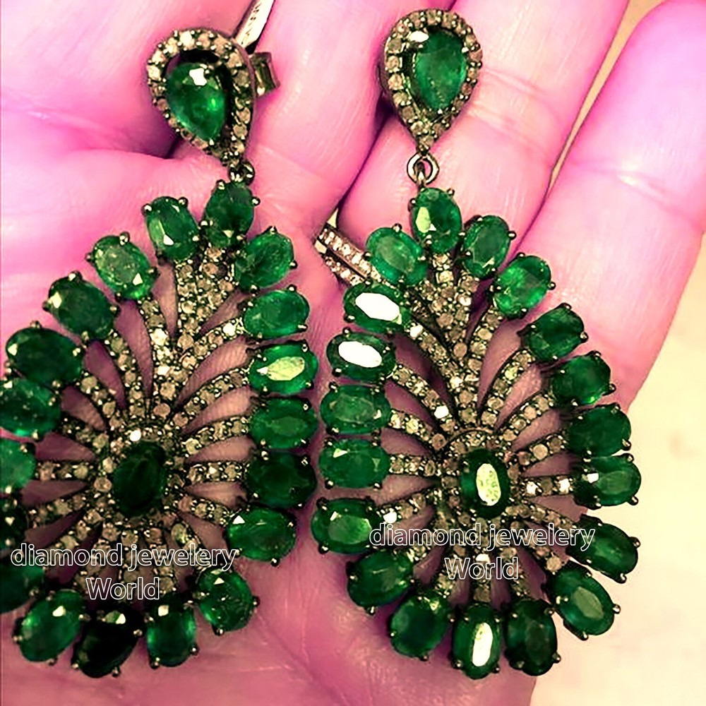 Gorgeous 2.20ctw Rose Cut Diamond Emerald Studded Silver Vintage Earring Jewelry