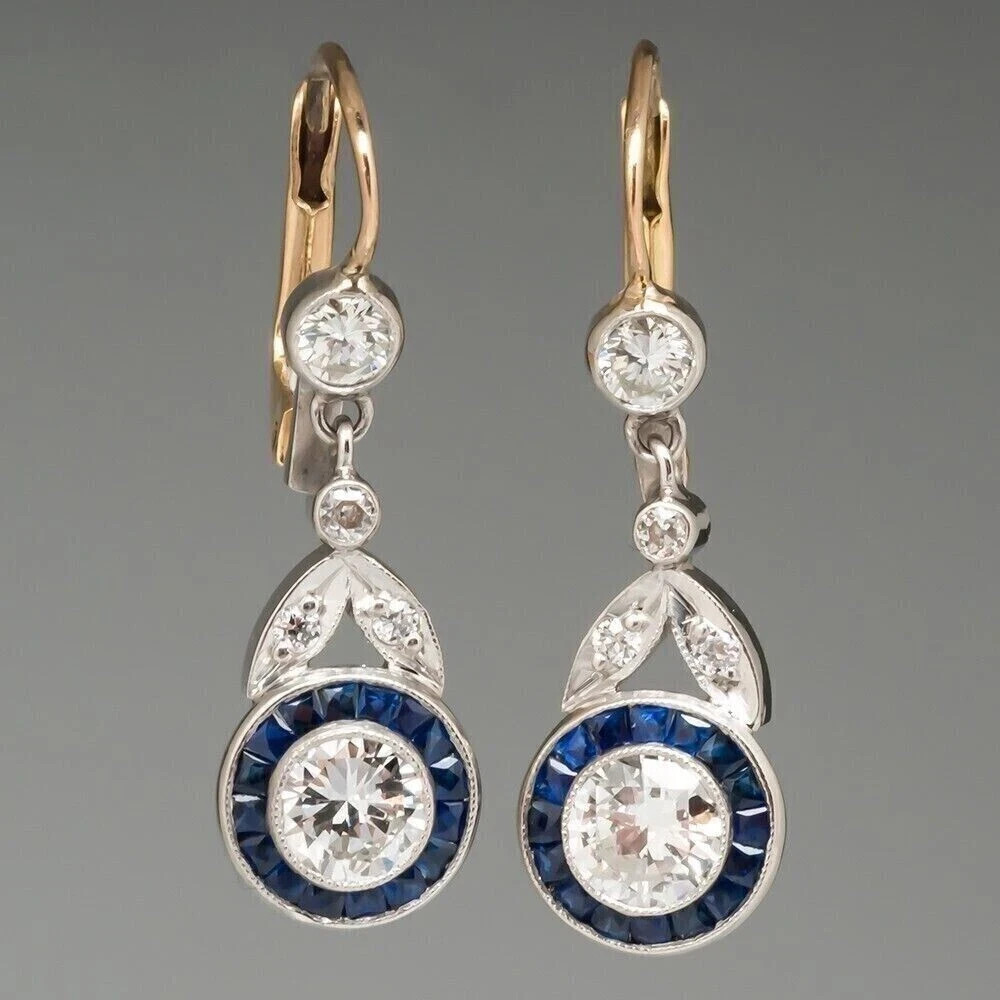 Art Deco Style 2.55Ct Lab Created Diamond & Sapphire 14K White Gold FN Earrings