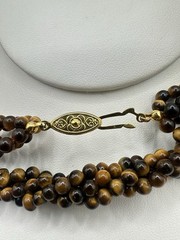 VTG 29In 4 Strand Tigers Eye Bead Necklace Caviar Gold Tone Fish Hook Clasp Read