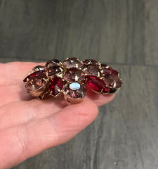 Vintage Cherry Red Pink Marquise & Round Rhinestone Floral Cluster Brooch Pin