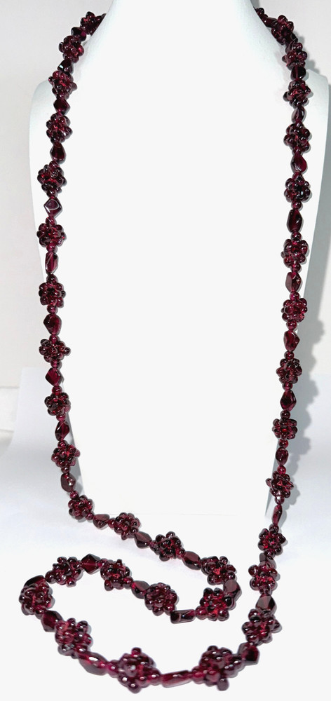 vtg 35″ Cluster Bohemian Garnet Necklace Single Strand with vtg Clip Earrings