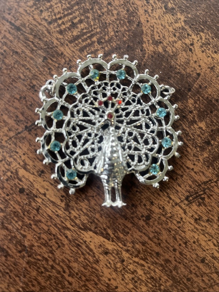 Vintage Peacock Pendant Filigree Rhinestone Statement Silver Tone Large No Chain