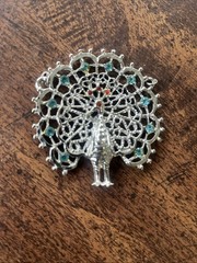 Vintage Peacock Pendant Filigree Rhinestone Statement Silver Tone Large No Chain