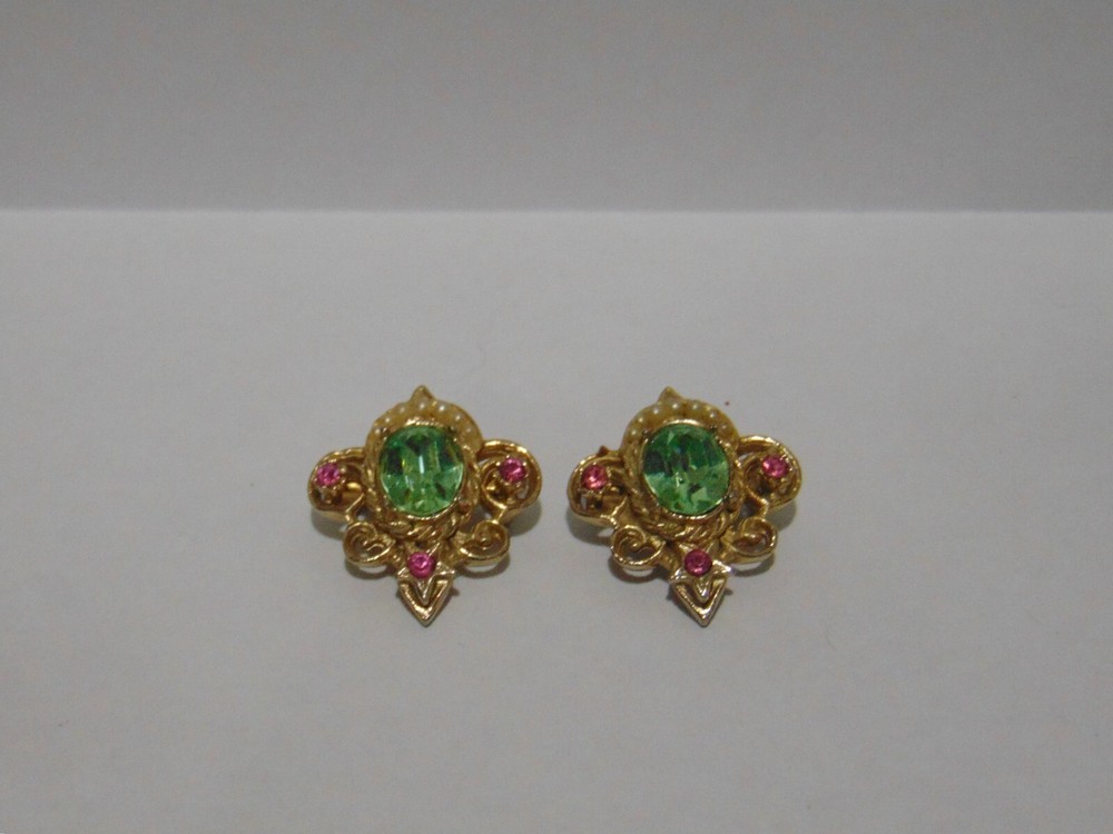 2 Vintage Pink And Green Rhinestone Brooches Pins Gold Tone