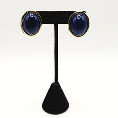 Modernist Navy Blue Slight Dome Lucite Oval Polished Gold Tone Pierced Earrings