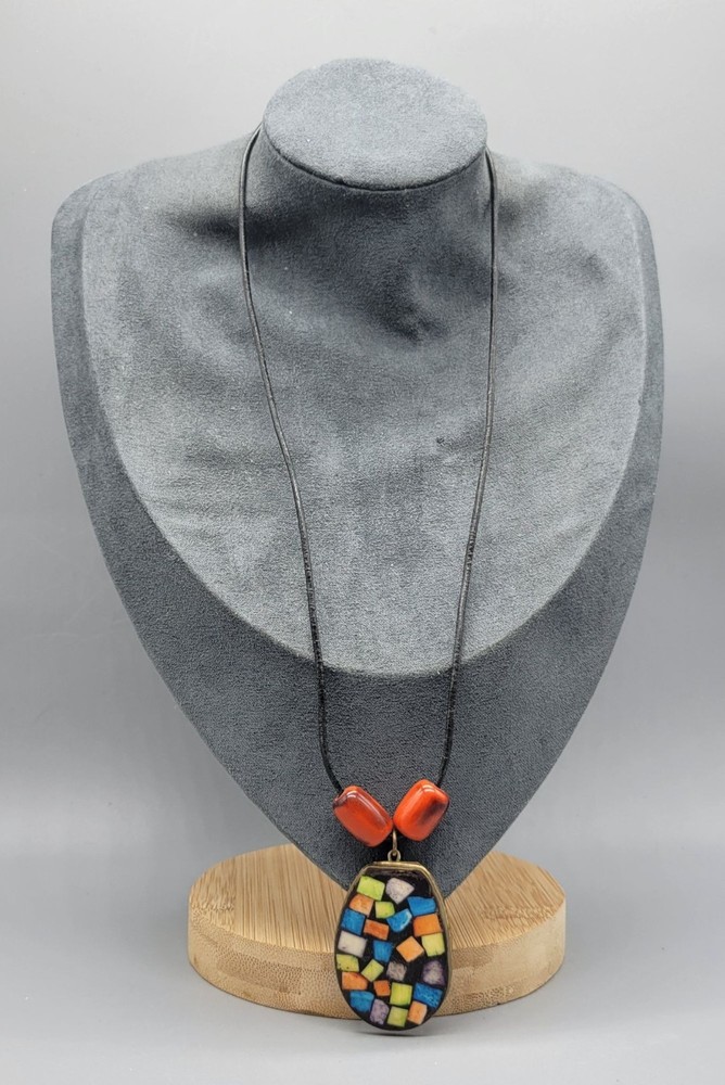 Vintage Look Micro Mosiac Blue Orange Costume Necklace N1D
