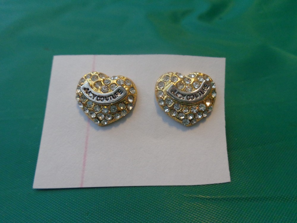 Juicy Couture Goldtone Clear Rhinestone Logo Banner Heart Pierced Stud Earrings