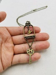 Vintage Bronze Tone Lovebird in Gilded Cage Dove Heart Lock Key 18 in Necklace