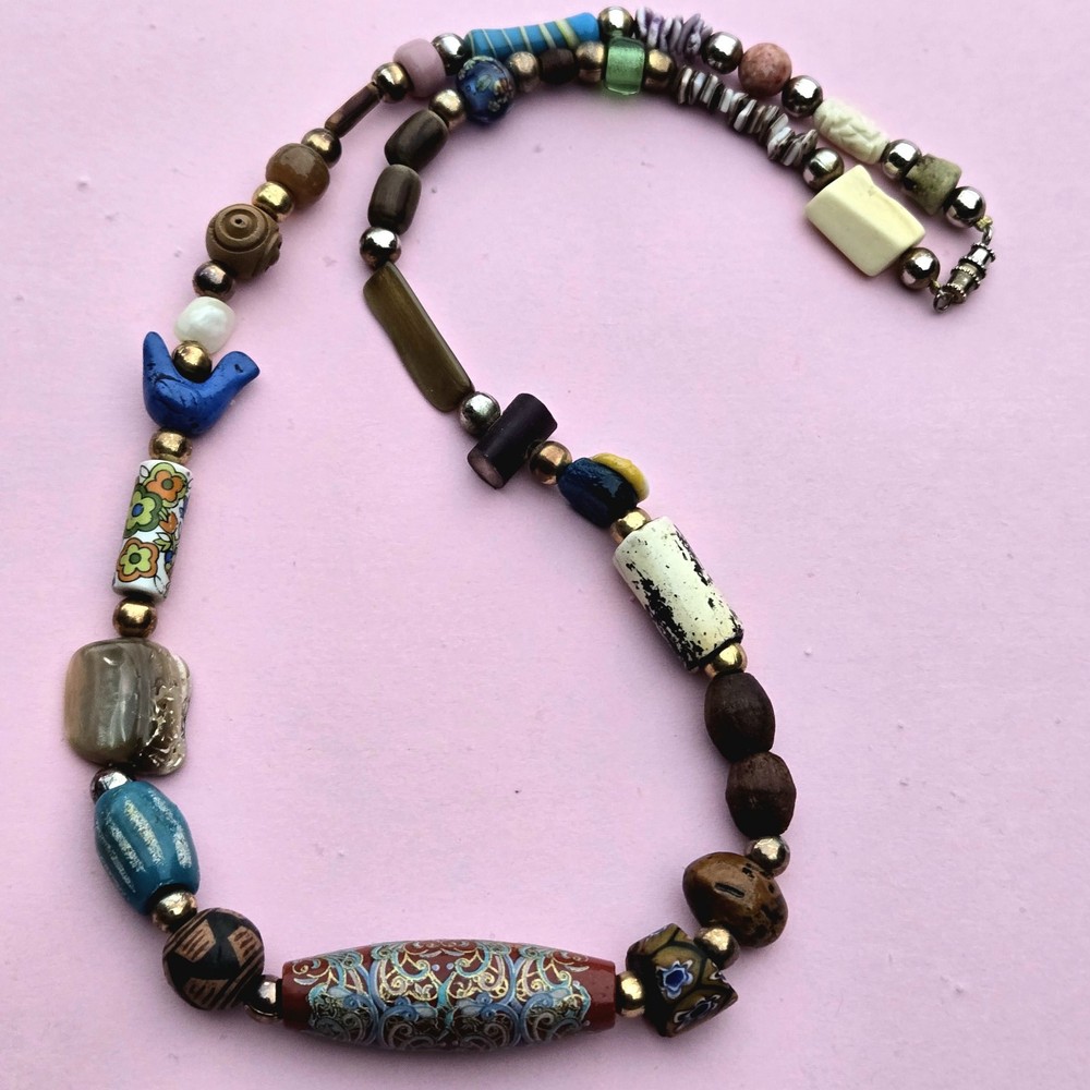 Vintage Boho Beaded Necklace Painted Glass Carved Wood Shell Metal Beads