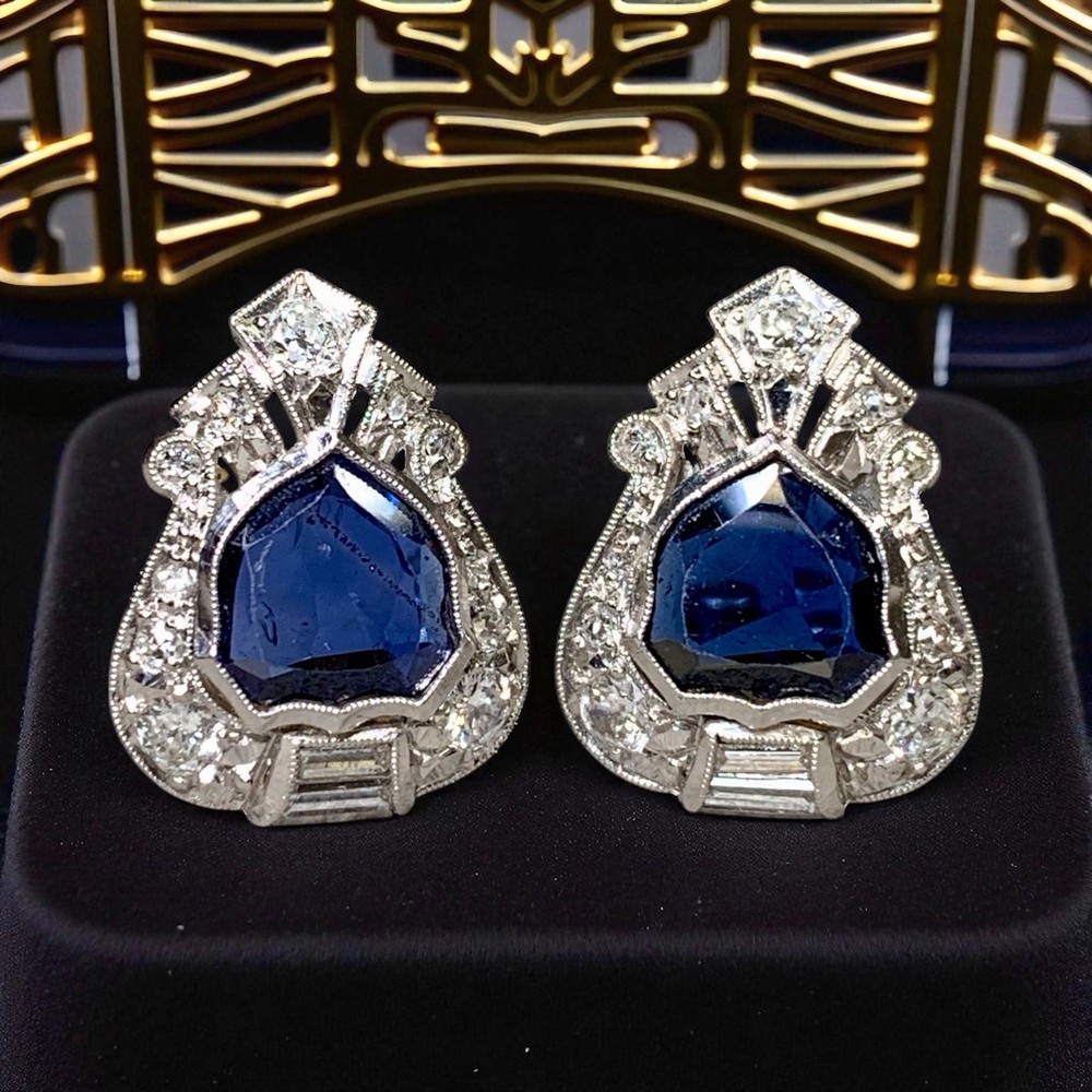 Art Deco Platinum Shield Sapphire European Diamond Earrings Burma No Heat GIA