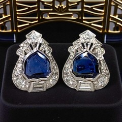 Art Deco Platinum Shield Sapphire European Diamond Earrings Burma No Heat GIA