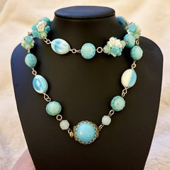 Vintage 1950s Mid Century West Germany Handcrafted Turquoise Beaded Necklace 24”