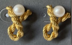 Vintage Gold Tone Knotted Rope Pearl Earrings