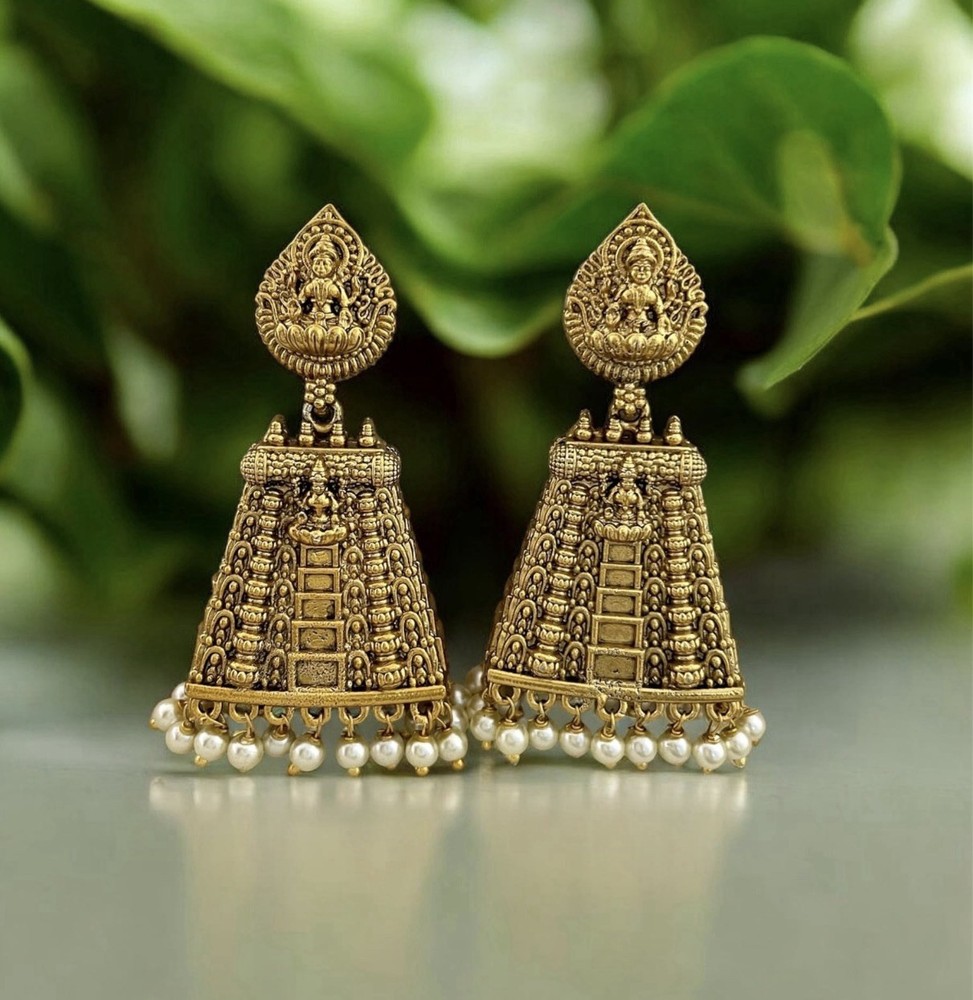 Temple Antique Gold Tone Pearl Drop Women Traditional Gopuram Lakshmi Jhumka
