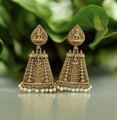 Temple Antique Gold Tone Pearl Drop Women Traditional Gopuram Lakshmi Jhumka