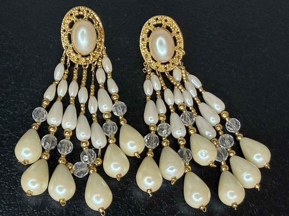 VTG Waterfall Tassel Earrings Dangle Statement Faux Teardrop Pearl Pierced