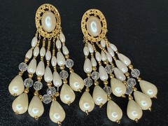 VTG Waterfall Tassel Earrings Dangle Statement Faux Teardrop Pearl Pierced