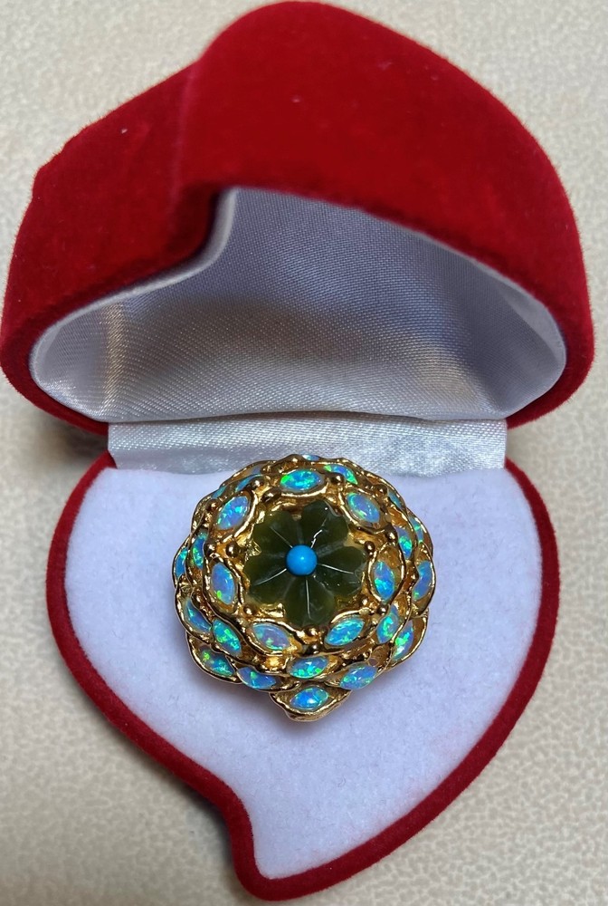 AUTHENTIC SWOBODA RING ~ ADJUSTABLE ~ OPAL, JADE, TURQUOLITE ~ LOVELY!