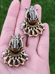 Vtg Hollycraft 1956 Peacock Blue Ab Clip Earrings Iridescent Glass Articulated