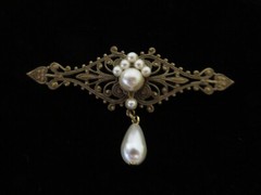 Vintage Ornate Metal Bar Dangle Brooch with Faux Pearls
