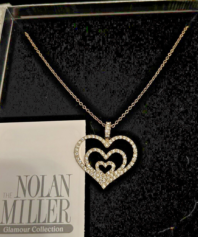 Vintage Nolan Miller Gold Tone Crystal Pave Triple Heart Necklace, NEW IN BOX